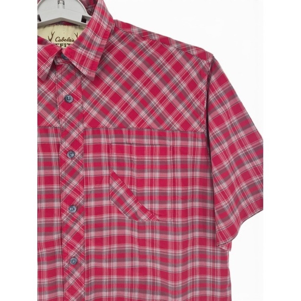 Cabela's Men's Red Plaid Short Sleeve Shirt L Nylon Outdoor Hiking Fishing Dad